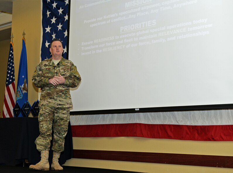 Lt. Gen. Brad Webb, commander of Air Force Special Operations Command, speaks with his staff at the Soundside Club on Hurlburt Field, Fla., Feb. 23, 2017. Webb covered a variety of topics including a climate study, network upgrades and the potential growth of AFSOC. (U.S. Air Force photo/Staff Sgt. Melanie Holochwost)