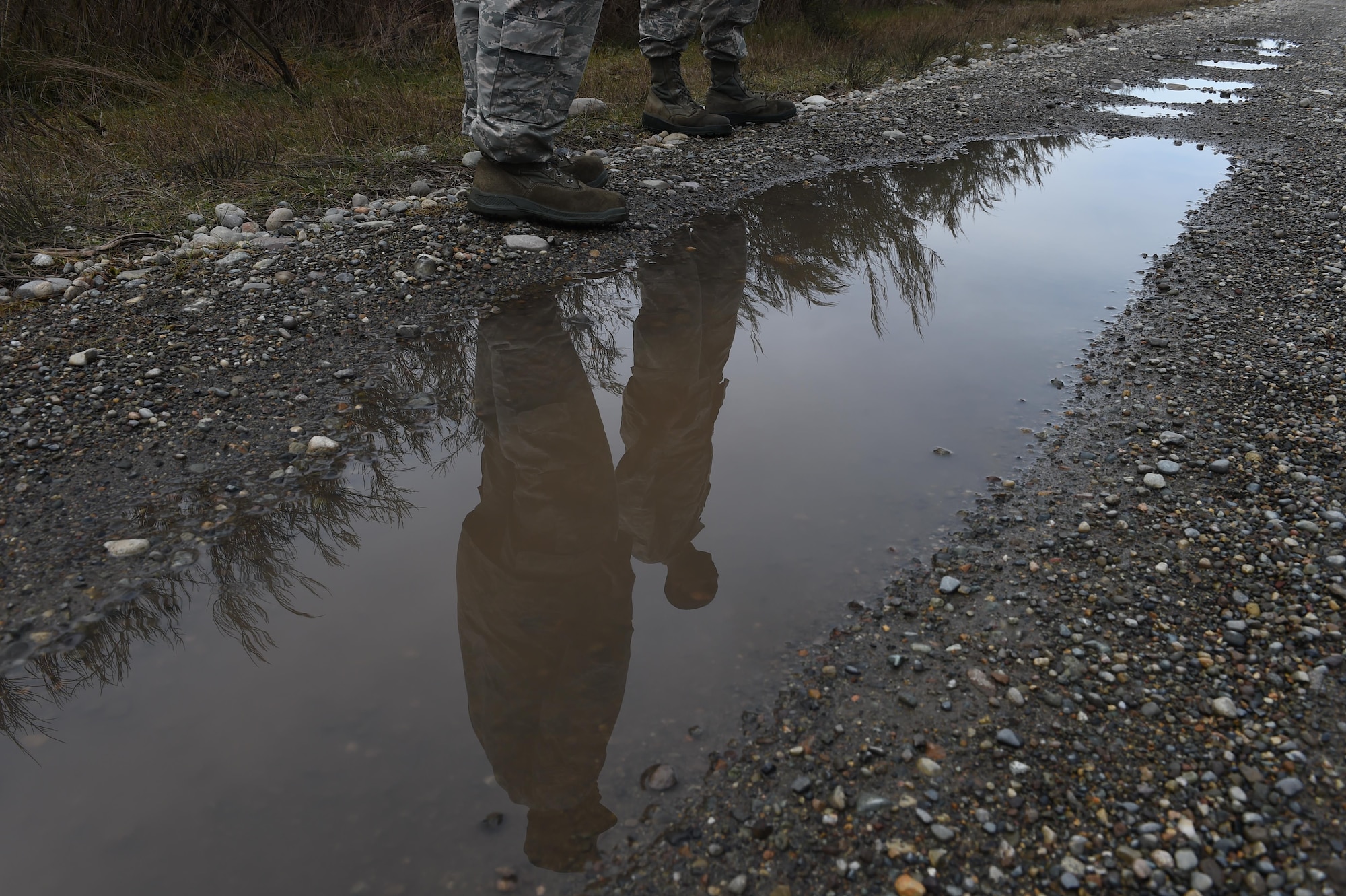 Members of the 627th Civil Engineer Squadron stop to discuss their route back during land navigation training to on Joint Base Lewis-McChord, Wash., Feb. 16, 2017. The group of 50 spent three hours in a classroom learning the basics of land navigation including map orientation and grade ordinates prior to putting their training to use. (U.S. Air Force photo/Staff Sgt. Naomi Shipley)