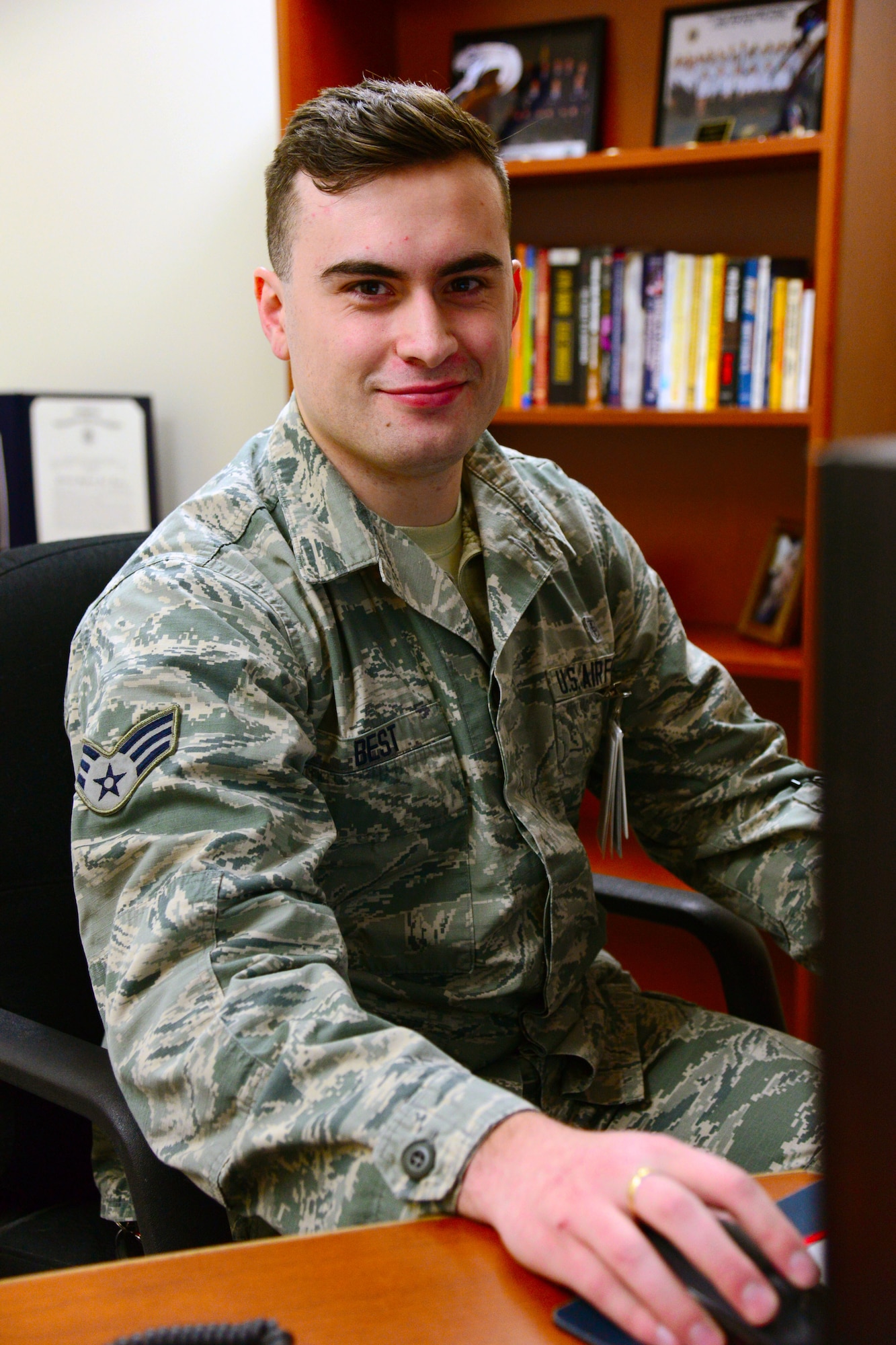 Senior Airman Cody Best, 341st Medical Operations Squadron family health clinic office manager, poses for a photo Feb. 22, 2017, at Malmstrom Air Force Base, Mont. Best recently received the U.S. Air Force Enlisted Health Services Management Airman of the Year award. (U.S. Air Force photo/Airman 1st Class Magen M. Reeves)