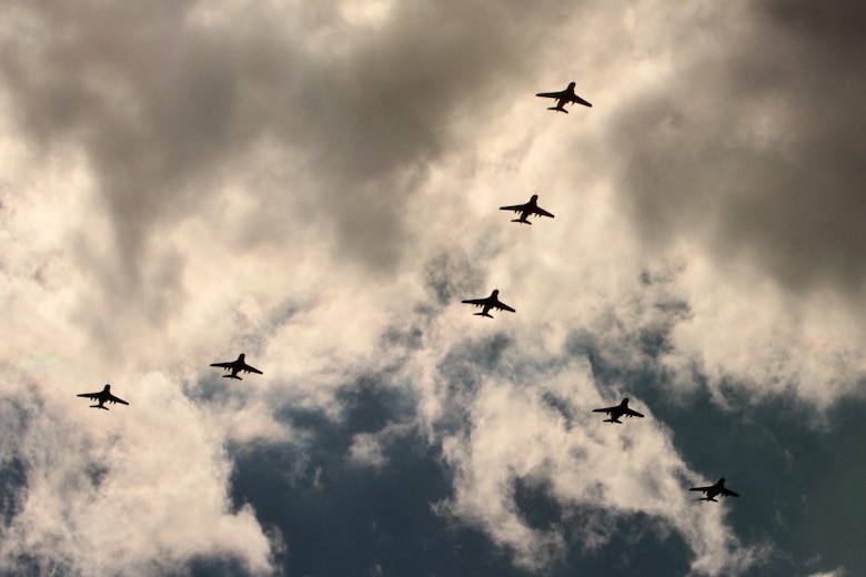 Seven EA-6B Prowlers with Marine Tactical Electronic Warfare Training Squadron 1 take part in an historic seven aircraft flyover of Marine Corps Air Station Cherry Point, N.C., Oct. 16, 2014. The flyover was a first in Marine Corps aviation. Never before have Prowler pilots performed a formation flyover with seven aircraft. VMAQT-1 was recognized recently with the Outstanding Unit Award by the Association of Old Crows for excellence in the performance of electronic warfare during calendar year 2013. The AOC is an association of U.S. government defense, civil industry and academic professionals dedicated to advancing the technical and scientific contributions of electronic warfare and information operations in support of national defense. (Marine Corps photo by Sgt. T. T. Parish/ Released)