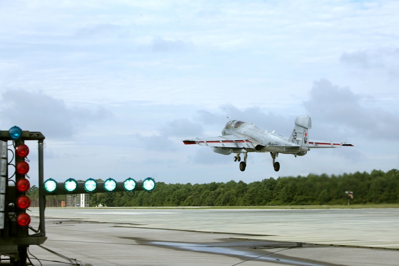 An EA-6B Prowler takes off from a 'touch and go' landing during Marine Tactical Electronic Warfare Training Squadron 1’s last flight operations for the Prowler at Marine Corps Auxiliary Landing Field Bogue, Aug. 20, 2015. Four student pilots are among the last to learn how to fly the Prowler due to its transitioning out of the Marine Corps starting in 2016. (Marine Corps photo by Cpl. Jason Jimenez/ Released)
