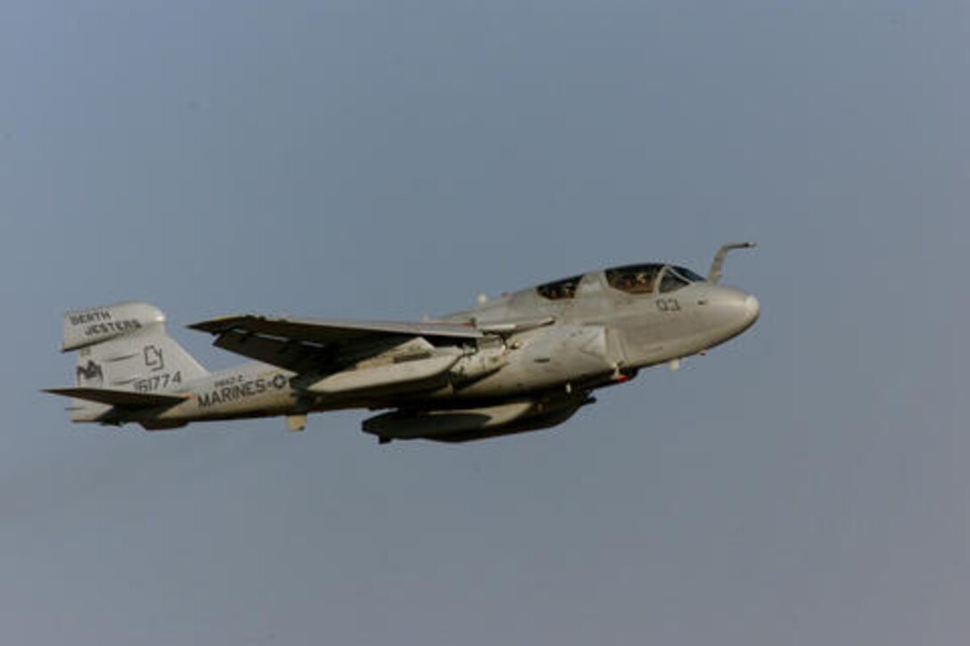 An EA-6B Prowler assigned to the VMAQ2 (Marine Tactical Electrical Warfare Squadron 2) stationed at Cherry Point Marine Corps Air Station, North Carolina flies by while participating in Cope Tiger 2002 at Wing 1 Air Base Korat, Thailand. Air forces from the United States, Thailand, and Singapore, as well as U.S. Marines will participate in Exercise Cope Tiger 02 in Thailand from January 14-25, 2002. Cope Tiger is an annual, multinational exercise in the Asia-Pacific region. More than 1,200 people will participate in the exercise, including approximately 600 U.S. service members and 600 service members from Thailand and Singapore. (U.S. Air Force photo by Tech. Sgt. Jeff Clonkey/Released)