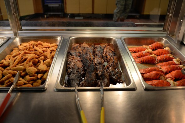 Shrimp, steak and lobster tail was on the menu for the Two Season Dining Facility (DFAC) quarterly birthday meal Feb. 22, 2017, at Eielson Air Force Base, Alaska. The DFAC serves the Icemen Team a special meal once a quarter for all of the birthdays during that time. (U.S. Air Force photo by Airman 1st Class Cassandra Whitman)