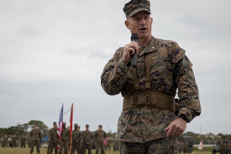 Lt. Col. Siebrand Niewenhous IV, the commanding officer of Combat Logistics Battalion 31, speaks during a relief and appointment ceremony at Camp Hansen, Okinawa, Japan, Feb. 24, 2017. Sgt. Maj. Christopher Gasser relieved Sgt. Maj. Max Garcia during the ceremony, assuming duties as senior enlisted advisor at CLB-31. (U.S. Marine Corps photo by Lance Cpl. Amy Phan/Released)