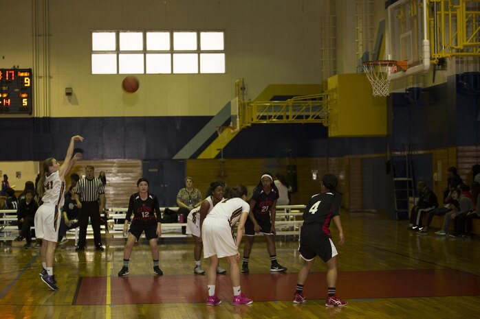 Madison Swieczkowski, a guard with Matthew C. Perry High School’s Lady Samurai basketball team, shoots a free throw during the 2017 Division 2 Girls’ Basketball Tournament at the IronWorks Gym on Marine Corps Air Station Iwakuni, Japan, Feb. 22, 2017. M.C. Perry High School hosted 11 teams from the Far East Division for the tournament. The teams endured two days of physically demanding competition for the opportunity at a championship game in a double elimination style tournament. (U.S. Marine Corps photo by Lance Cpl. Joseph Abrego)