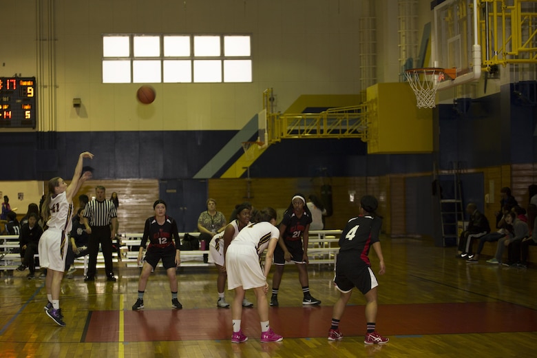 Madison Swieczkowski, a guard with Matthew C. Perry High School’s Lady Samurai basketball team, shoots a free throw during the 2017 Division 2 Girls’ Basketball Tournament at the IronWorks Gym on Marine Corps Air Station Iwakuni, Japan, Feb. 22, 2017. M.C. Perry High School hosted 11 teams from the Far East Division for the tournament. The teams endured two days of physically demanding competition for the opportunity at a championship game in a double elimination style tournament. (U.S. Marine Corps photo by Lance Cpl. Joseph Abrego)