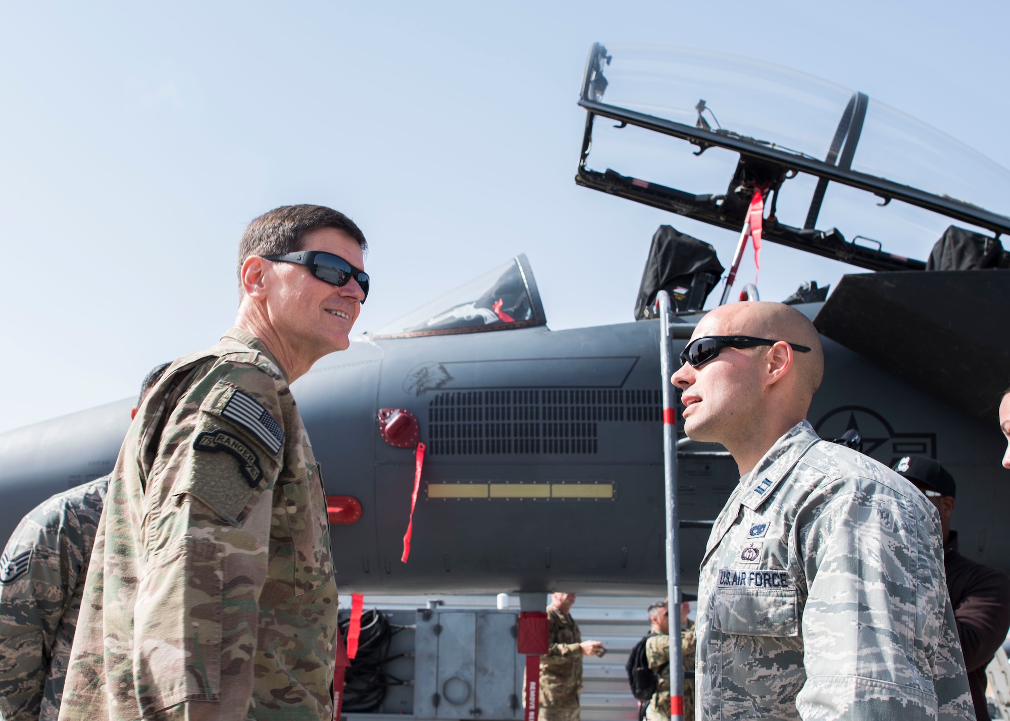 Gen. Joseph Votel, U. S. Central Command commander, receives a brief from Capt. Sheppard, 389th Aircraft Maintenance Unit officer in-charge, at an undisclosed location in Southwest Asia, Feb. 23, 2017. The general is the commander of all down-range operations in the 20-country inclusive central region in the Middle East. (U.S. Air Force photo/Staff Sgt. Eboni Reams)
