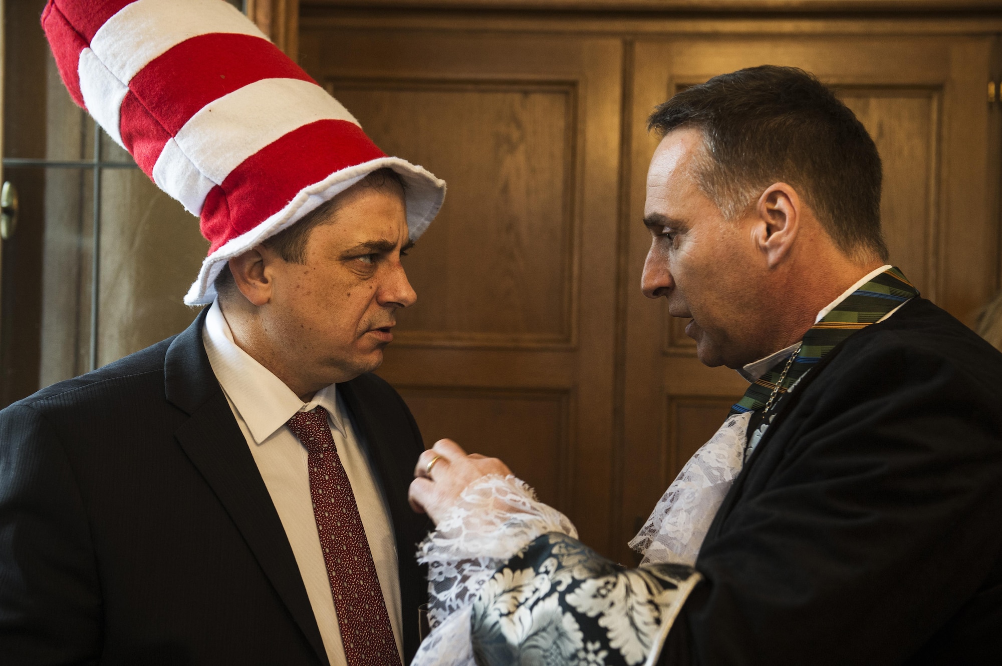 Col. Steven Zubowicz, left, 52nd Mission Support Group commander, talks with Joachim Rodenkirch, right, mayor of Wittlich, at city hall during a Fasching celebration in Wittlich, Germany, Feb. 23, 2017. The celebration included a tradition of female citizens storming the city hall to seize control of the community for the day. (U.S. Air Force photo by Staff Sgt. Jonathan Snyder)