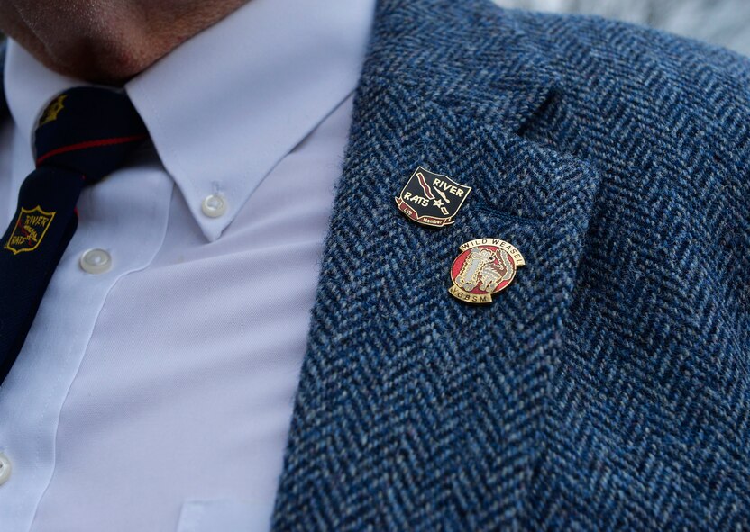 Commemorative pins are displayed on the collar of an original member of the Red River Rats Fighter Pilots Association during a memorial service on Ramstein Air Base, Germany, Feb. 17, 2017. The association, comprised of those who flew missions over the Red River Valley in Vietnam, established the River Rats Memorial monument in 1976 to commemorate those who lost their lives in the Vietnam War. More than 55,000 U.S. troops lost their lives during the conflict. (U.S. Air Force photo by Airman 1st Class Joshua Magbanua)