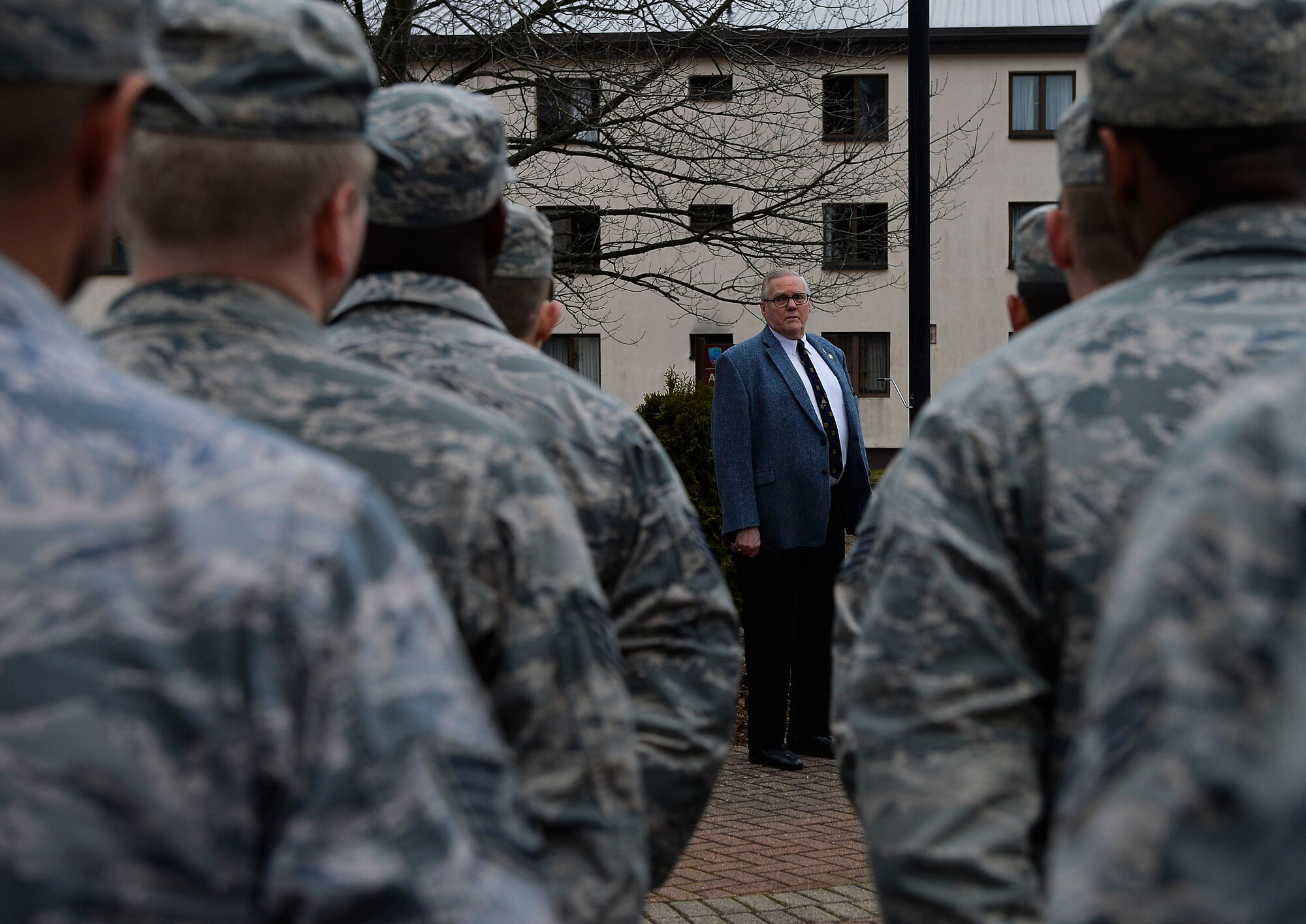 Col. Swede Seagren, retired, a Vietnam War Veteran and original member of the Red River Rats Fighter Pilots Association, speaks to members of the 786th Civil Engineer Squadron during a memorial service on Ramstein Air Base, Germany, Feb. 17, 2017. The 786th CES repaired the River Rats Memorial monument in January and conducted the memorial service to mark its re-dedication. The monument commemorates those who lost their lives in the Vietnam War. (U.S. Air Force photo by Airman 1st Class Joshua Magbanua)