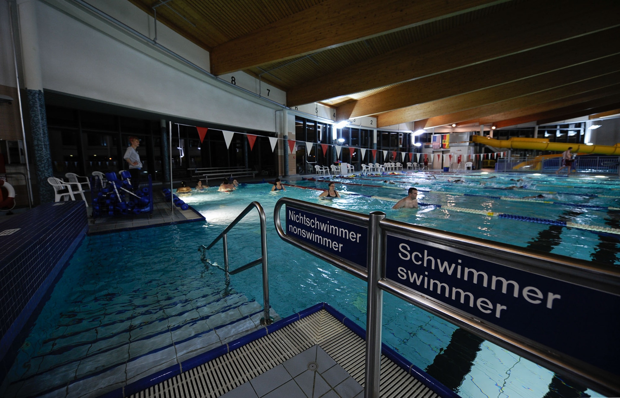 Swim class participants do exercises at the Aquatic Center on Ramstein Air Base, Germany, Feb. 14, 2017. Some of the students are swimming as participation in the seventh annual Kaiserslautern Military Community’s ‘Biggest Loser’ challenge. (U.S. Air Force photo by Airman 1st Class Savannah L. Waters)