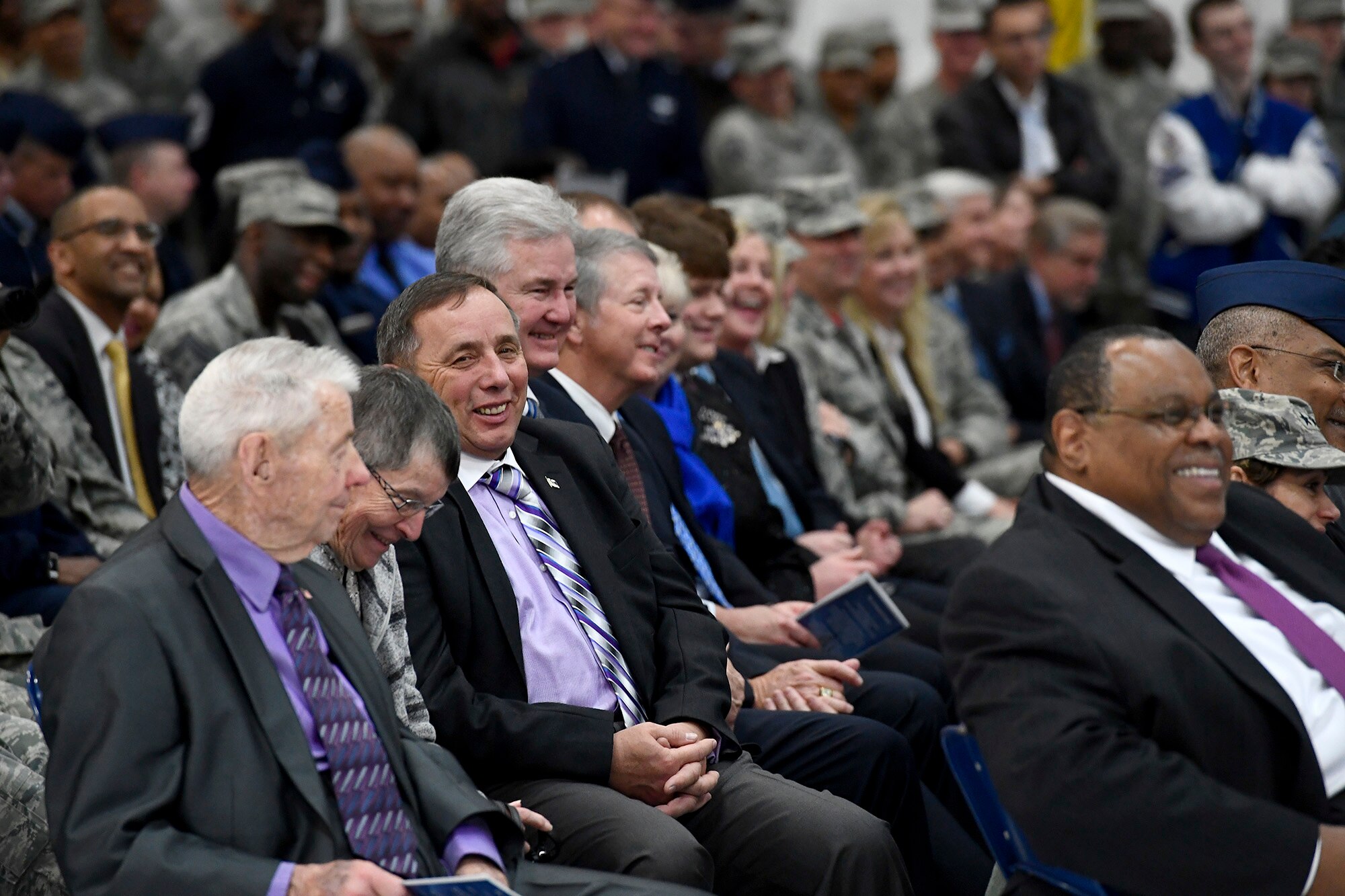 Some of the former chief master sergeants of the Air Force attend a retirement and appointment ceremony in honor of Chief Master Sgt. of the Air Force James A. Cody and Chief Master Sgt. Kaleth O. Wright on Joint Base Andrews, Md., Feb. 17, 2017. Cody retired after 32 years of service and was succeeded by Wright, the 18th Airman to hold the position. (U.S. Air Force photo/Scott M. Ash)