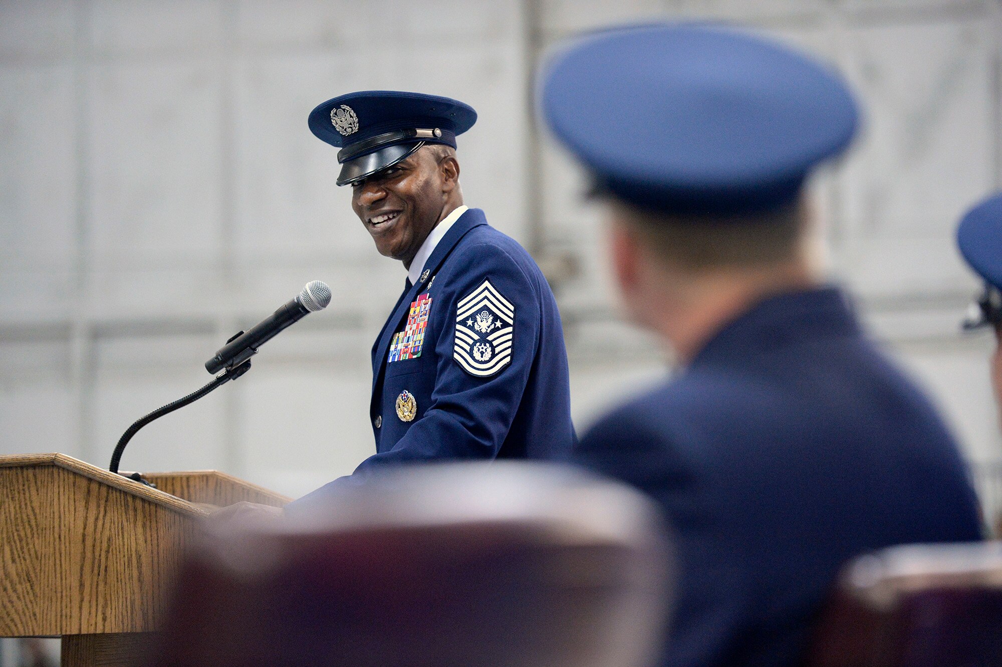 Chief Master Sgt. of the Air Force Kaleth O. Wright thanks former Chief Master Sgt. of the Air Force James A. Cody during their retirement and appointment ceremony on Joint Base Andrews, Md., Feb. 17, 2017. Cody retired after 32 years of service and was succeeded by Wright, the 18th Airman to hold the position. (U.S. Air Force photo/Andy Morataya)