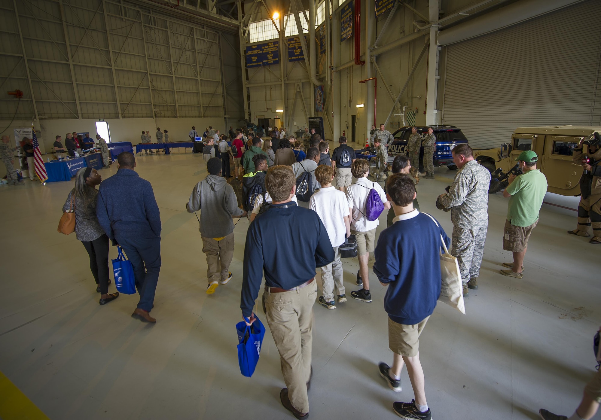 More than 150 students from middle and high school boys from 17 Lowcountry school visited Joint Base Charleston Feb. 23, 2017, to learn about jobs in aviation as part of the second annual Tuskegee Airmen Career Day, hosted by the 315th Airlift Wing. The boys were able to learn about military and civilian careers in aviation by more than 15 different career fields. (U.S. Air Force photo by Senior Airman Tom Brading)