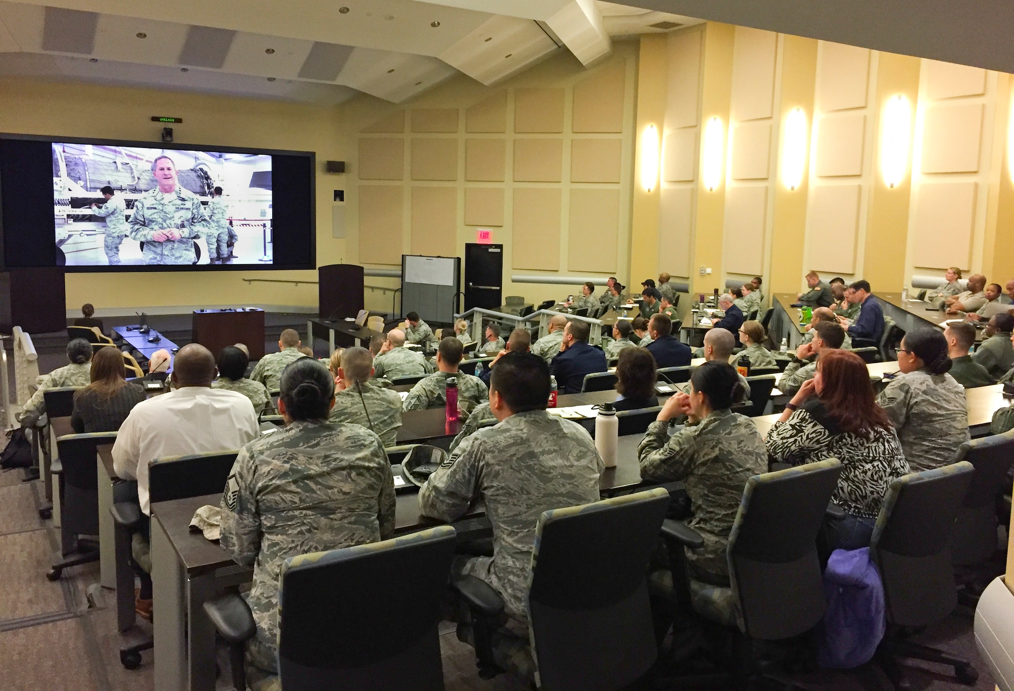 Airmen from Joint Base Andrews receive a briefing from Air Force Chief of Staff, Gen. David L. Goldfein, to kick-off a study on how to revitalize Air Force Squadrons Feb. 23, 2017. JB Andrews was chosen as the first base to participate in three-phase project to meet the Chief of Staff's number one focus area.