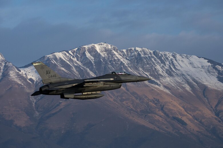 Brig. Gen. Lance Landrum, 31st Fighter Wing commander, takes off in an F-16 Fighting Falcon at Aviano Air Base, Italy, Feb. 17, 2017. The general flew with 555th Fighter Squadron F-16 pilots to train with 2nd Air Support Operations Squadron joint tactical air controllers on close-air support operations like air-to-ground weapon strikes. (U.S. Air Force photo by Senior Airman Cory W. Bush)