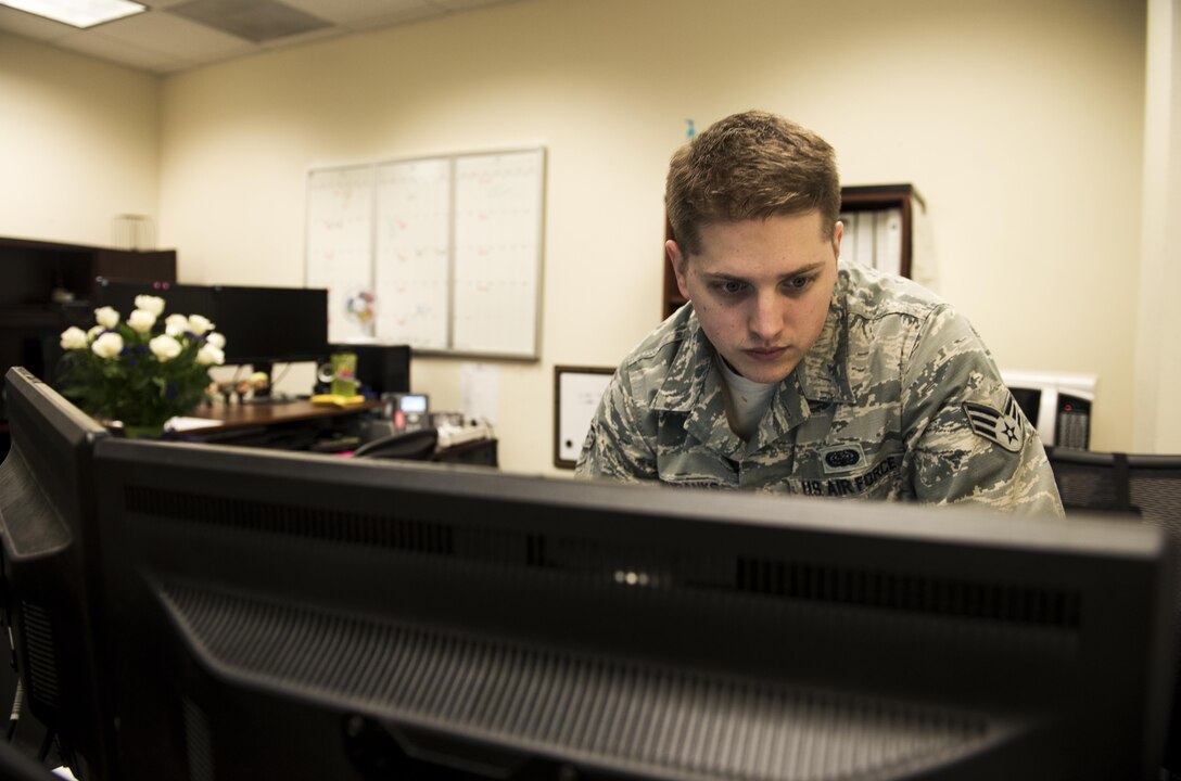 Senior Airman Colby Eubanks, 92nd communication Squadron, checks accountability Feb, 17, 2017, Fairchild Air Force Base. As an asset management technician, Eubanks provides support for hardware asset and software asset requests, reviews and makes decisions on unit purchase requests and researches to make decisions for software installation requests. (U.S. Air Force photo/ Airman 1st Class Sean Campbell)