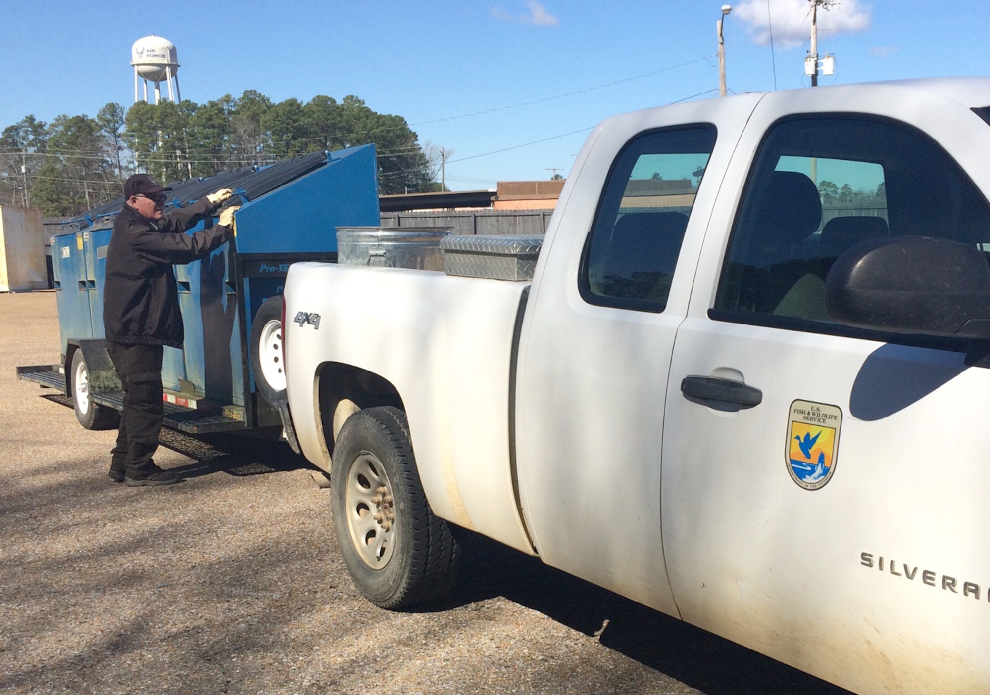Duke Parrett, Park Ranger, drops recyclable materials off in the Recycling Center Feb. 15, 2017, at Columbus Air Force Base, Mississippi. Personnel from all over base participate in helping the environment by recycling their used items at Columbus AFB. (U.S. Air Force photo by Richard Johnson)