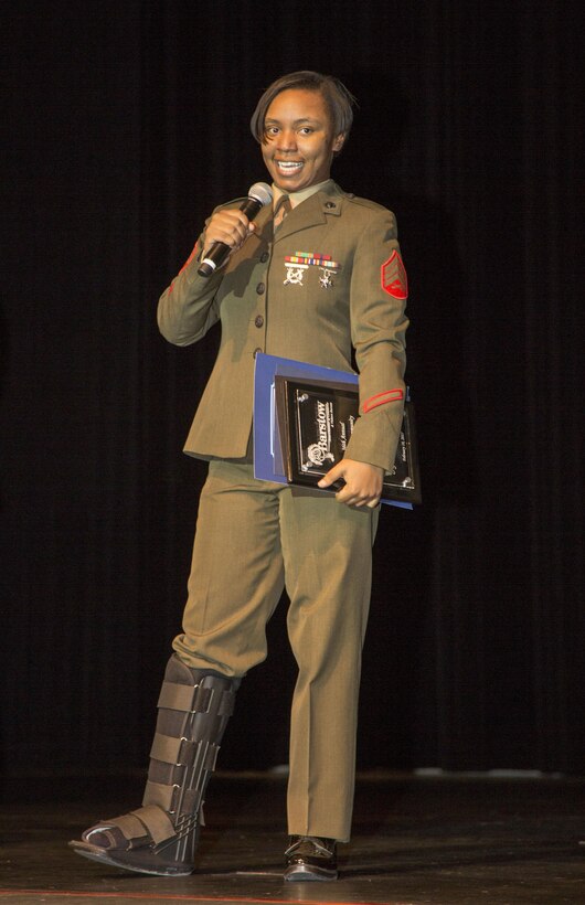 Sergeant Natori Miller, MCLB Barstow's Noncommissioned Officer of the Year, is all smiles while thanking the City of Barstow, Barstow Chamber Military Affairs Committee, and the command of recognizing her for this honor and their support during the 36th Annual Barstow Community Recognition Awards event held Feb.18. Miller is a Jacksonville, Fla. native and has been assigned to MCLB as a supply clerk for about three years.