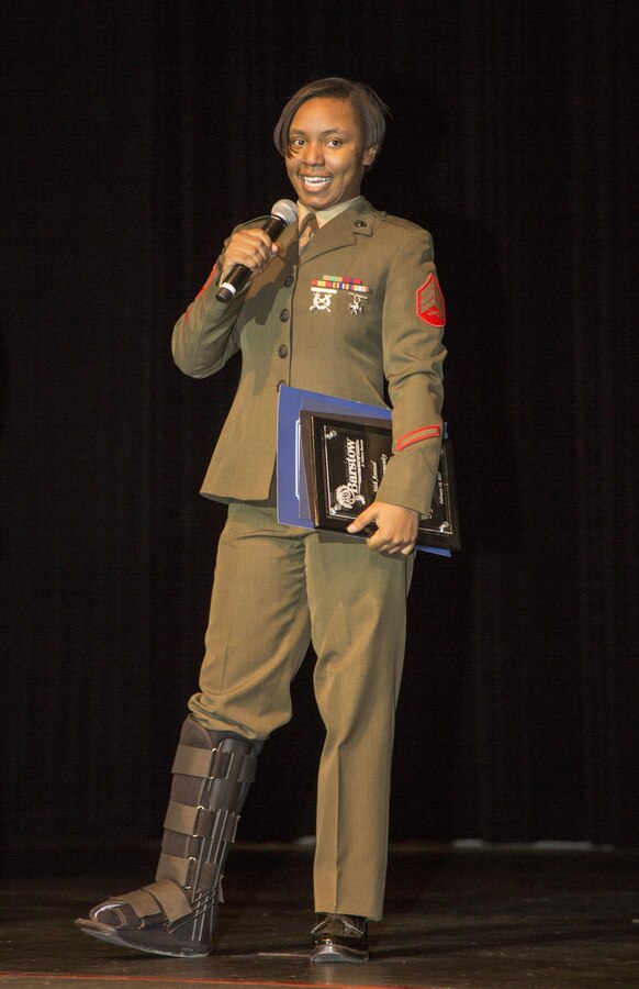 Sergeant Natori Miller, MCLB Barstow's Noncommissioned Officer of the Year, is all smiles while thanking the City of Barstow, Barstow Chamber Military Affairs Committee, and the command of recognizing her for this honor and their support during the 36th Annual Barstow Community Recognition Awards event held Feb.18. Miller is a Jacksonville, Fla. native and has been assigned to MCLB as a supply clerk for about three years.