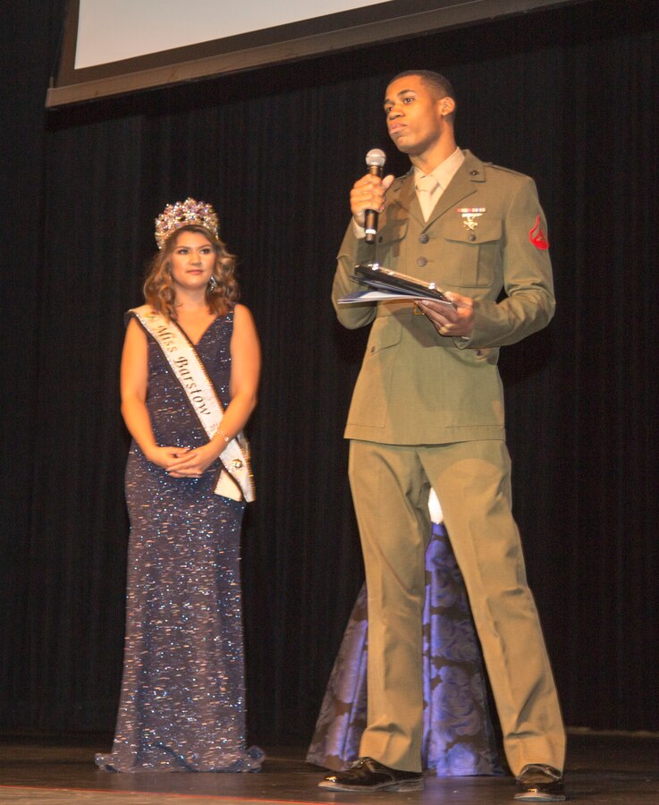 Lance Cpl. Jacob Brown, MCLB Barstow's Marine of the Year, thanks the City of Barstow, Barstow Chamber Military Affairs Committee, and the command of recognizing him for his selection and their support during the 36th Annual Barstow Community Recognition Awards event held Feb.18. Brown is a Chicago native and has been assigned to MCLB as an administrative clerk for just over a year.