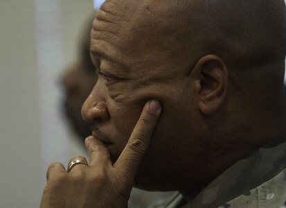 Commnad Sgt Maj. Craig Owens, senior enlisted leader of the 200th Military Police Command, listens to a briefing during a leadership and readiness symposium in Los Alamitos, Calif., Feb 15-18, the command hosted to discuss proactive personnel management of Soldiers in the U.S. Army Reserve. 