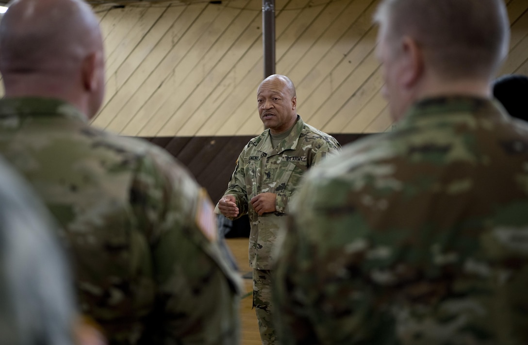 Commnad Sgt Maj. Craig Owens, senior enlisted leader of the 200th Military Police Command, talks to his senior enlisted leaders during a weekend leadership forum in Los Alamitos, Calif., Feb 15-18. 