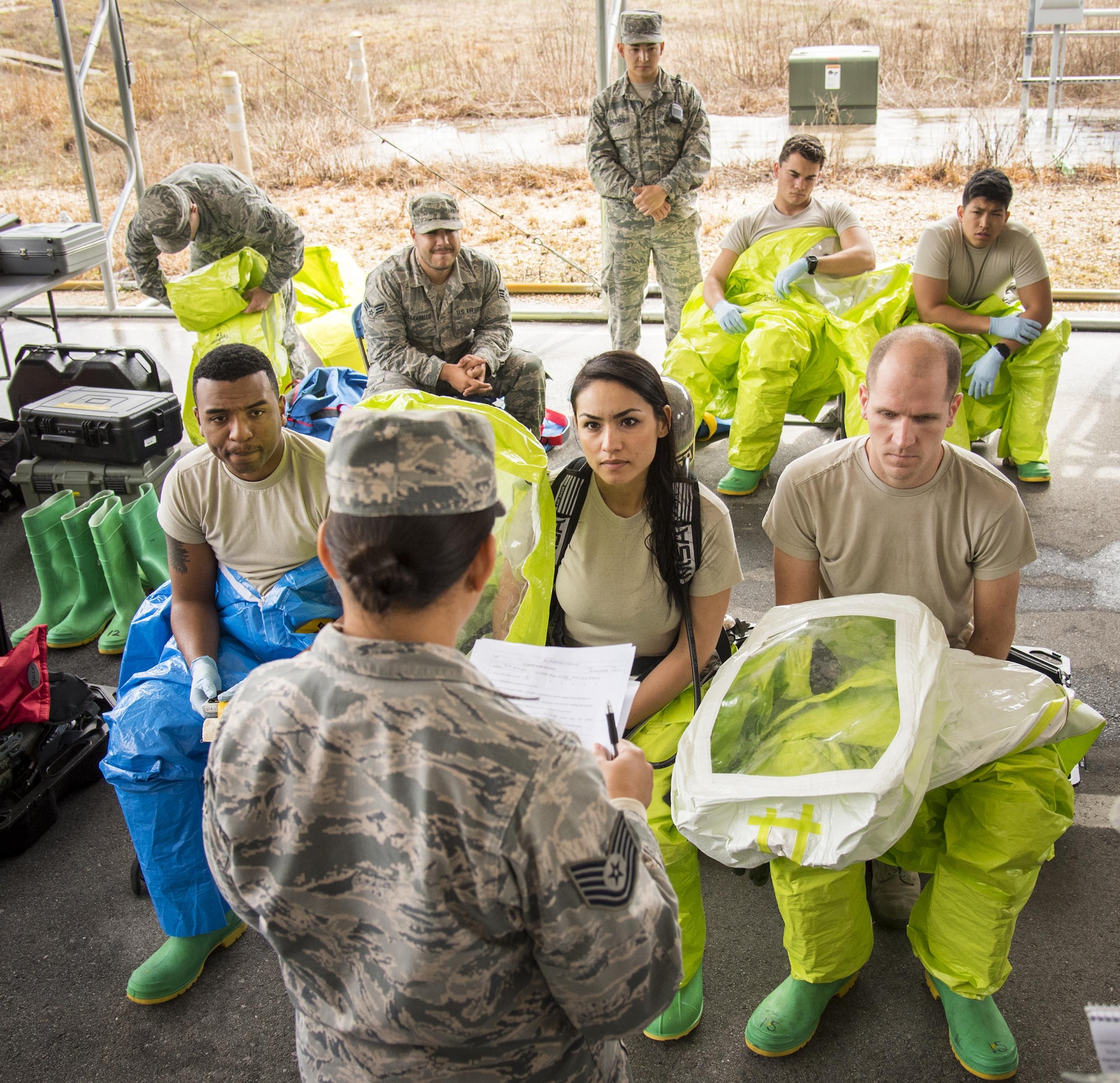 Airmen are briefed on the situation and procedures they will take during a hazardous material portion of an exercise Feb. 22 at Eglin Air Force Base, Fla.  The chemical, biological, nuclear response exercise tested the procedures of emergency response, explosive ordnance disposal, disaster management and bioenvironmental agencies among others.  (U.S. Air Force photo/Samuel King Jr.)