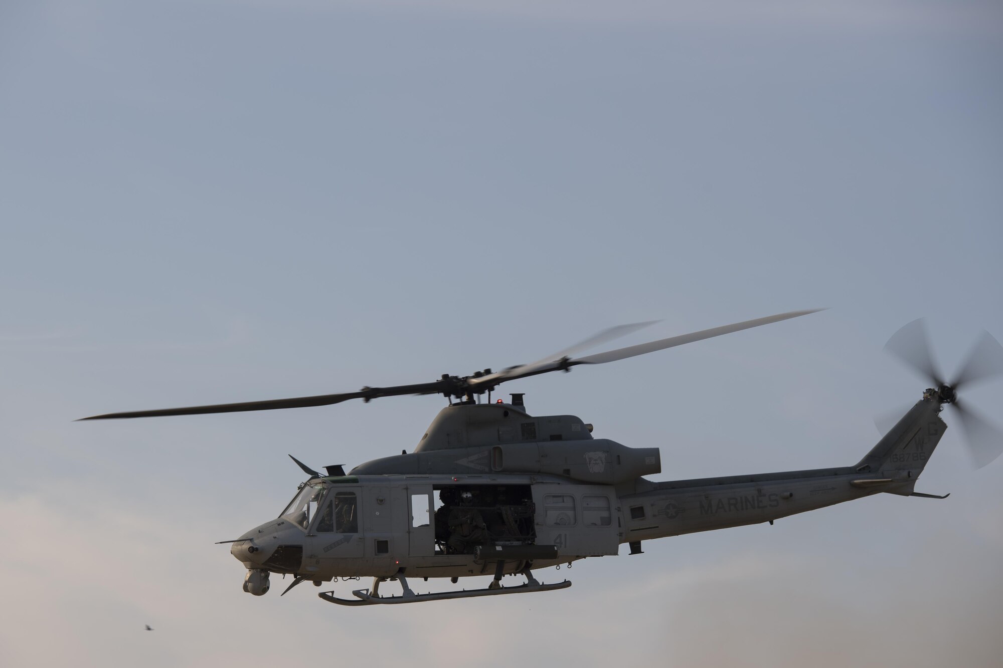 A UH-1Y Venom with the Marine Light Attack Helicopter Squadron 773, participates in a training exercise at Joint Base McGuire-Dix-Lakehurst, New Jersey, Feb. 22, 2017. The training included simulated insertion and extraction as well as gunnery training.