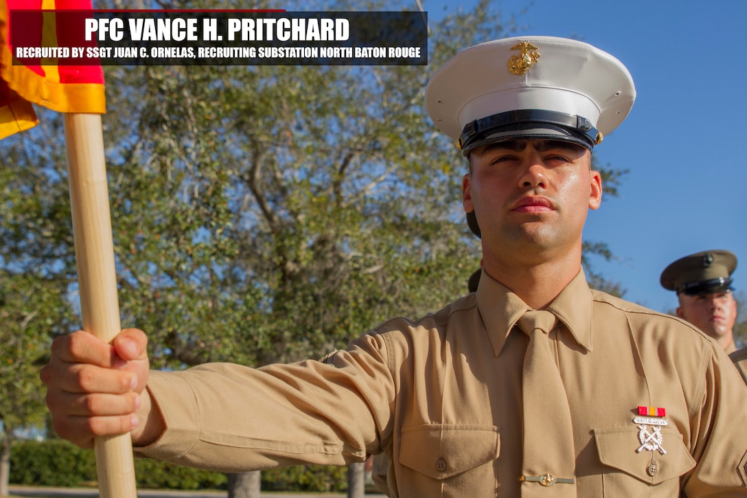 Private First Class Vance H. Pritchard stands at parade rest before his graduation ceremony February 24, 2017, aboard Marine Corps Recruit Depot Parris Island, South Carolina. Pritchard is the Honor Graduate of platoon 3012. Pritchard was recruited by Gunnery Staff Sgt. Juan C. Ornelas from Recruiting Substation North Baton Rouge. (Official Marine Corps photo by Cpl. Adeline N. Smith/Released)