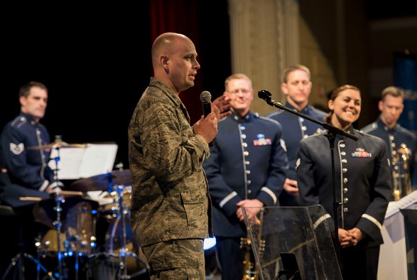 U.S. Air Force Col. Bradley Cochran, the vice commander of the 28th Bomb Wing, introduces Offutt Brass during their performance at the Performing Arts Center Historic Theater in Rapid City, S.D., on Feb. 22, 2017. Offutt Brass is the brass ensemble of the U.S. Air Force Heartland of America Band that performs around the U.S. to celebrate America and patriotism. (U.S. Air Force photo by Airman 1st Class Randahl J. Jenson)