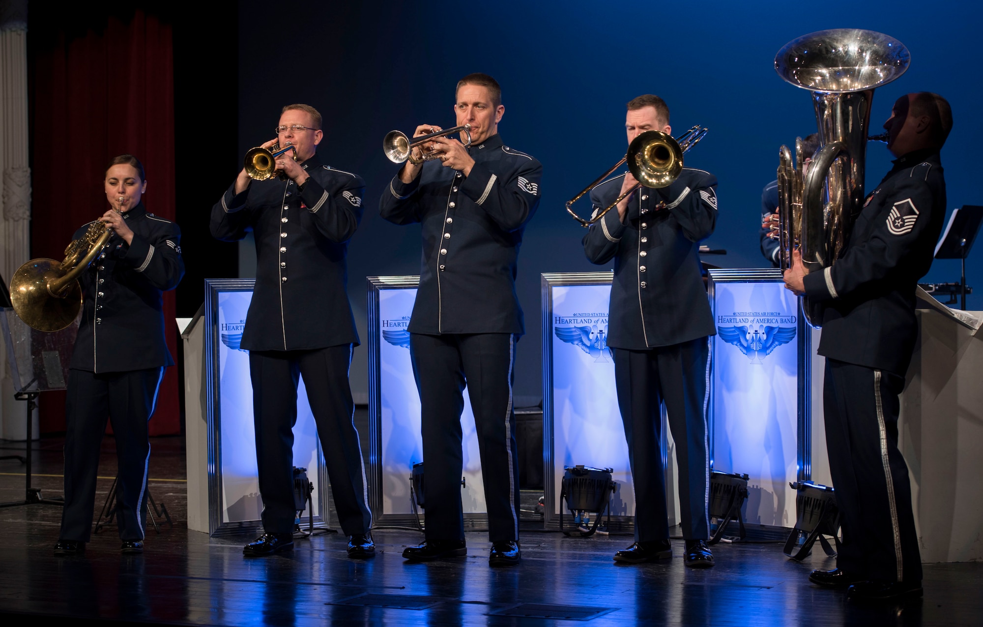 Members of Offutt Brass play the Air Force Song during a performance at the Performing Arts Center Historic Theater in Rapid City, S.D., on Feb. 22, 2017. Offutt Brass is the brass ensemble of the U.S. Air Force Heartland of America Band that performs around the U.S. to celebrate America and patriotism. (U.S. Air Force photo by Airman 1st Class Randahl J. Jenson)