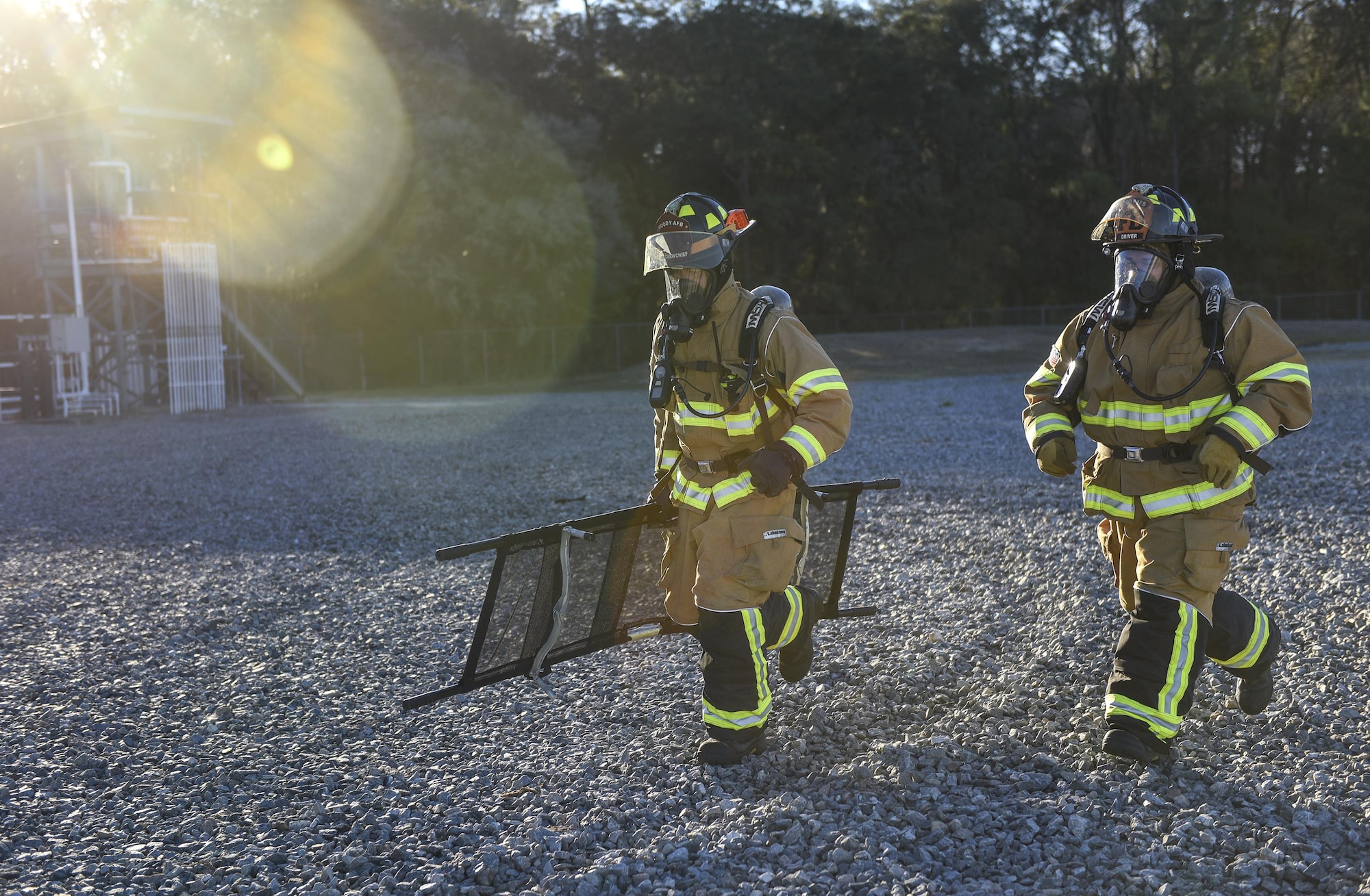 Firefighters from the 23d Civil Engineer Squadron respond to a simulated scenario during a chemical, biological, radiological and nuclear defense exercise, Feb. 16 2017, at Moody Air Force Base, Ga. Moody’s Wing Inspection Team tested the 23d CES fire department, emergency management flight and bioenvironmental flight on procedures, response and effective communication between the units. (U.S. Air Force photo by Airman 1st Class Janiqua P. Robinson)