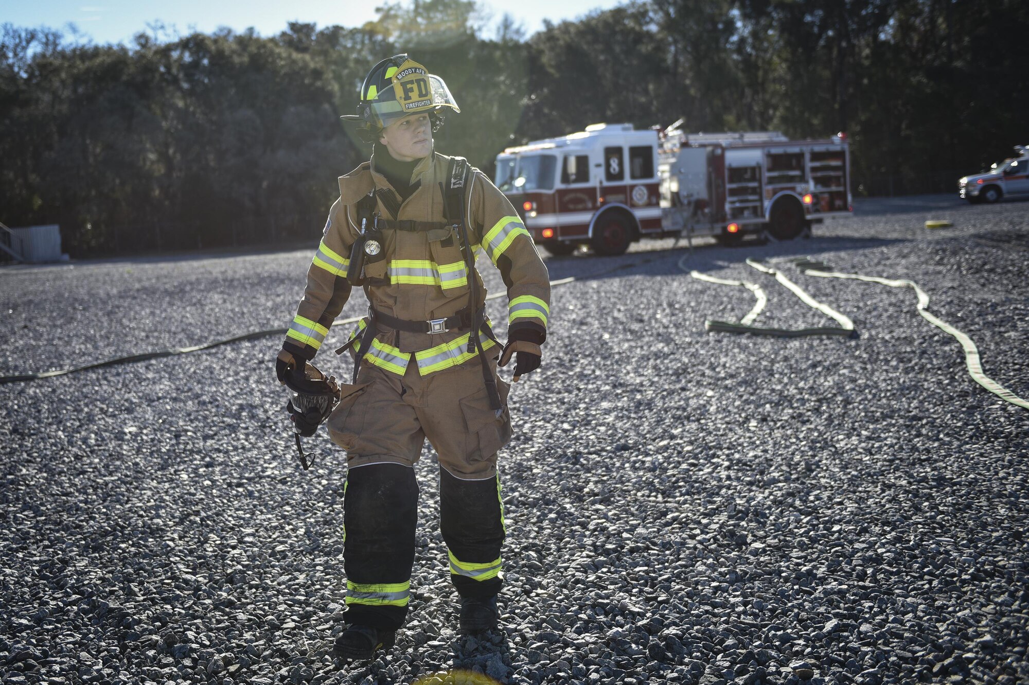 Airman 1st Class Jacob Molden, 23d Civil Engineer Squadron firefighter, walks to the decontamination wash pit during a chemical, biological, radiological and nuclear defense exercise, Feb. 16, at Moody Air Force Base, Ga. Moody’s Wing Inspection Team tested the 23d CES fire department, emergency management flight and bioenvironmental flight on procedures, response and effective communication between the units. (U.S. Air Force photo by Airman 1st Class Janiqua P. Robinson)