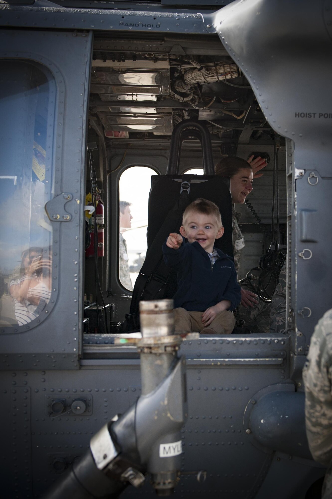 Braxton, son of Airman 1st Class Brandon Dyer, 41st Helicopter Maintenance Unit crew chief, sits inside an HH-60G Pave Hawk, Feb. 23, 2017, at Moody Air Force Base, Ga. Braxton was a participant in Moody’s new “On-boarding” program designed to help in-processing Airmen and their families become familiar with the base, local community and all that they have to offer. (U.S. Air Force photo by Airman 1st Class Lauren M. Sprunk)