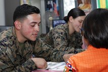 U.S. Marine Corps Cpl. Miguel Avelar, expeditionary airfield systems technician, Marine Wing Support Squadron 171, interacts with children at Ban Nong Pet Nam, Korat Province, Thailand, during exercise Cobra Gold, Feb. 21, 2017. Cobra Gold, in its 36th iteration, focuses on humanitarian civic action, community engagement, and medical activities to support the needs and humanitarian interest of civilian populations around the region.
