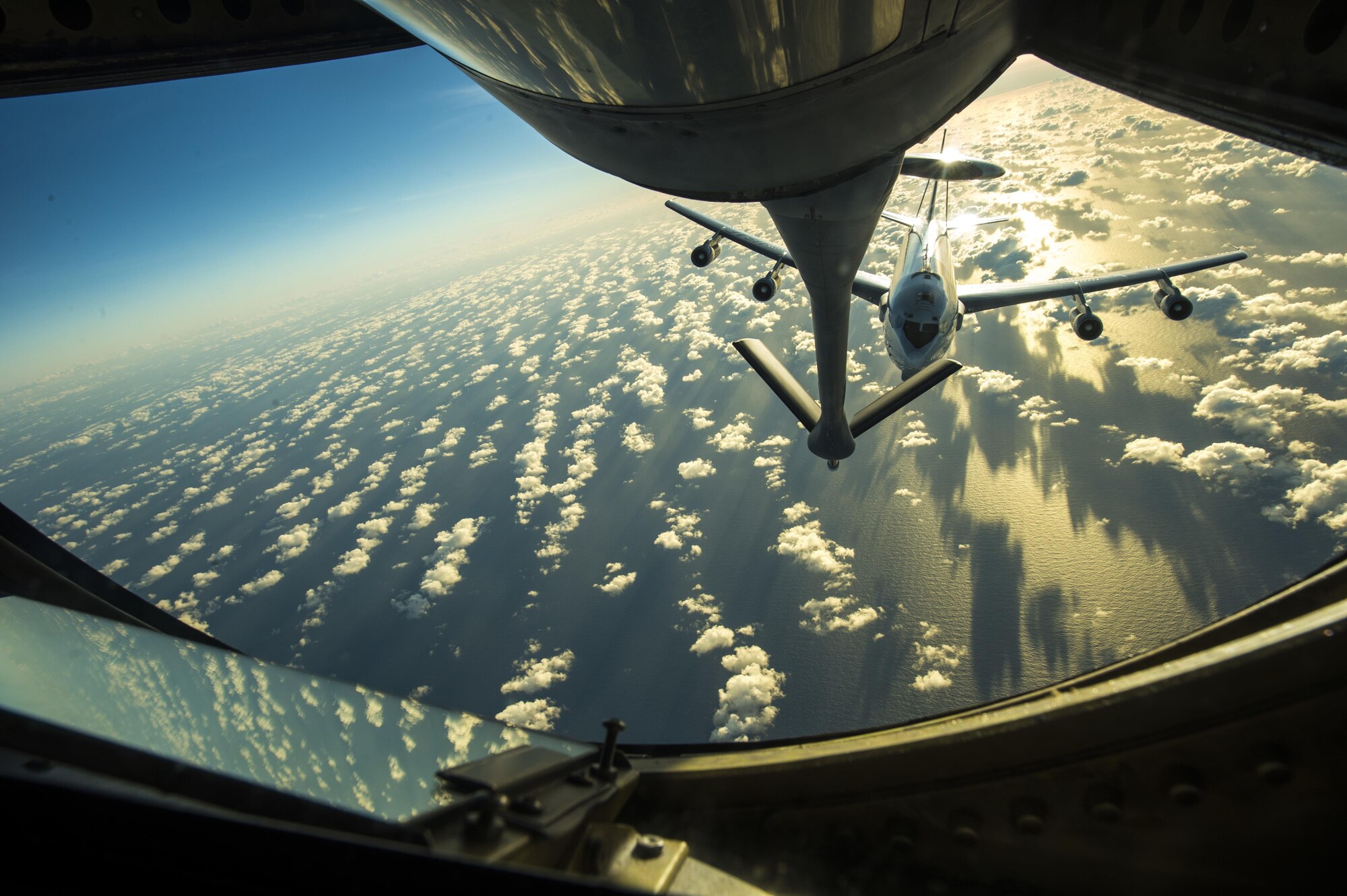 An E-3 Sentry assigned to the 961st Airborne Air Control Squadron approaches the boom pod of a KC-135 Stratotanker assigned to the 909th Aerial Refueling Squadron to receive fuel during Cope North 2017, Feb. 22, 2017. The exercise includes 22 total flying units and more than 2,700 personnel from three countries and continues the growth of strong, interoperable relationships within the Indo-Asia-Pacific region through integration of airborne and land-based command and control assets. (U.S. Air Force photo by Senior Airman Keith James)