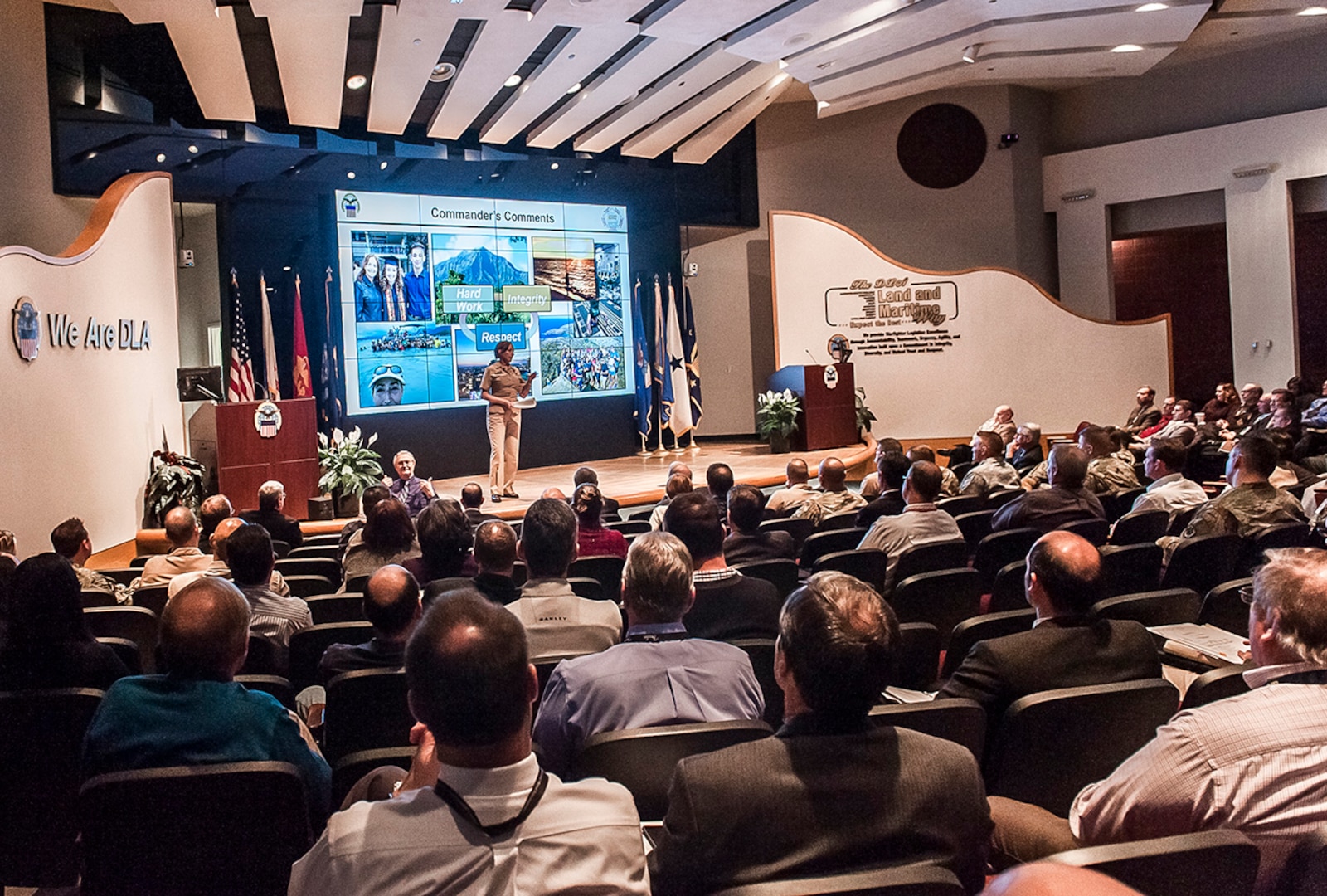 Navy Rear Adm. Michelle Skubic speaks at her first Town Hall as commander of DLA Land and Maritime. The Feb. 15 event provided updates on new DoD employee performance standards and the scheduled audit review currently underway across the agency.