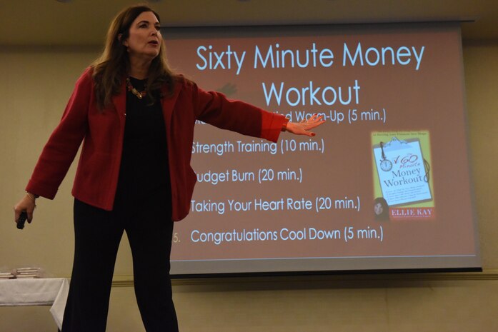 Ellie Kay, author of the best-selling book “Heroes at Home”, explains her trademarked 60 minute money workout during a financial seminar at the Charleston Club here Feb. 22, 2017. She explained that a financially ready Airman is focused on the mission and performing their job to the best of their ability.