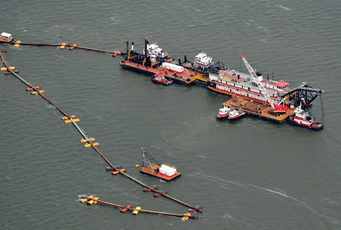 A pipeline dredge pumps material from the Pascagoula River onto the Round Island beneficial-use site Jan. 27, 2017. Dredging of the harbor and construction of the site was a collaboration between the U.S. Army Corps of Engineers, the Mississippi Department of Environmental Quality, the Mississippi Department of Marine Resources, and several other agencies. Upon completion, the beneficial-use site will be a thriving saltwater tidal marsh for wildlife.