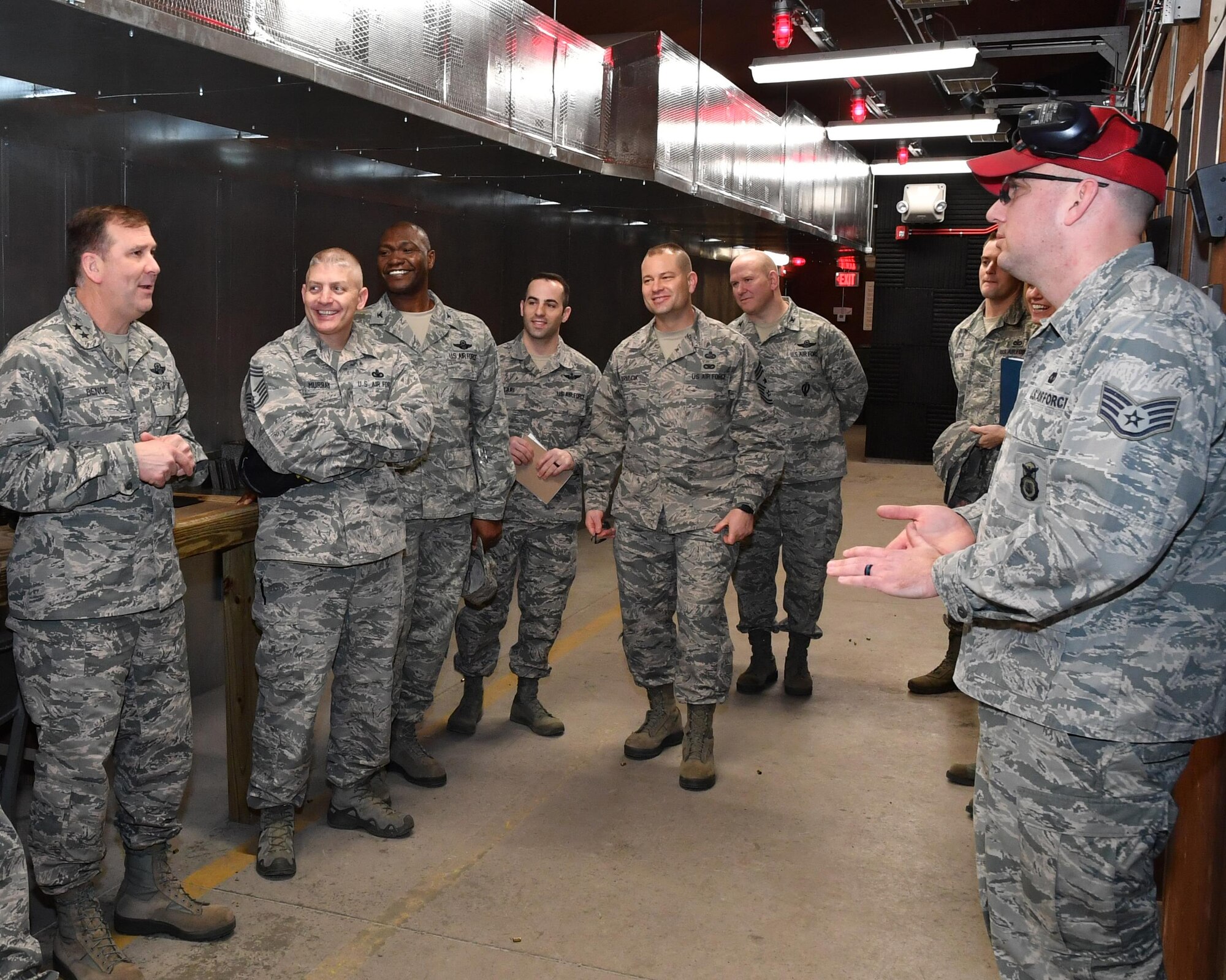 Maj. Gen. Christopher Bence, Expeditionary Center commander, shares his thoughts on the renovations and capabilities of the firing range with EC leadership, 319th Air Base Wing leadership, and 319th Security Forces leadership on Grand Forks Air Force Base, N.D., Feb. 23, 2017. While visiting Grand Forks AFB, Bence toured the firing range and learned about the capabilities it provides for Airmen readiness and mission operations. (U.S. Air Force photo by Airman 1st Class Elijaih Tiggs)