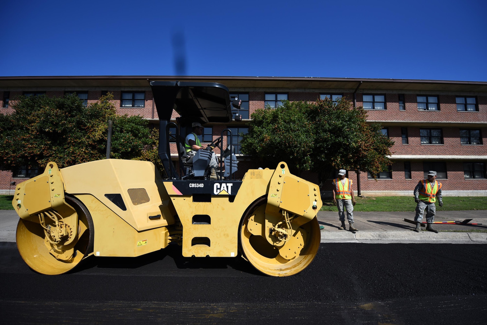 U.S. Air Force Senior Airman Kiwanus Mobley, 19th Civil Engineer Squadron pavement and heavy equipment craftsman, operates a road roller Feb. 7, 2017, at Little Rock Air Force Base, Ark. As experts in all types of heavy machinery, the “Dirt Boyz” operate road graders, bulldozers, sweepers, dump trucks, excavators and front end loaders. (U.S. Air Force photo by Airman 1st Class Kevin Sommer Giron)