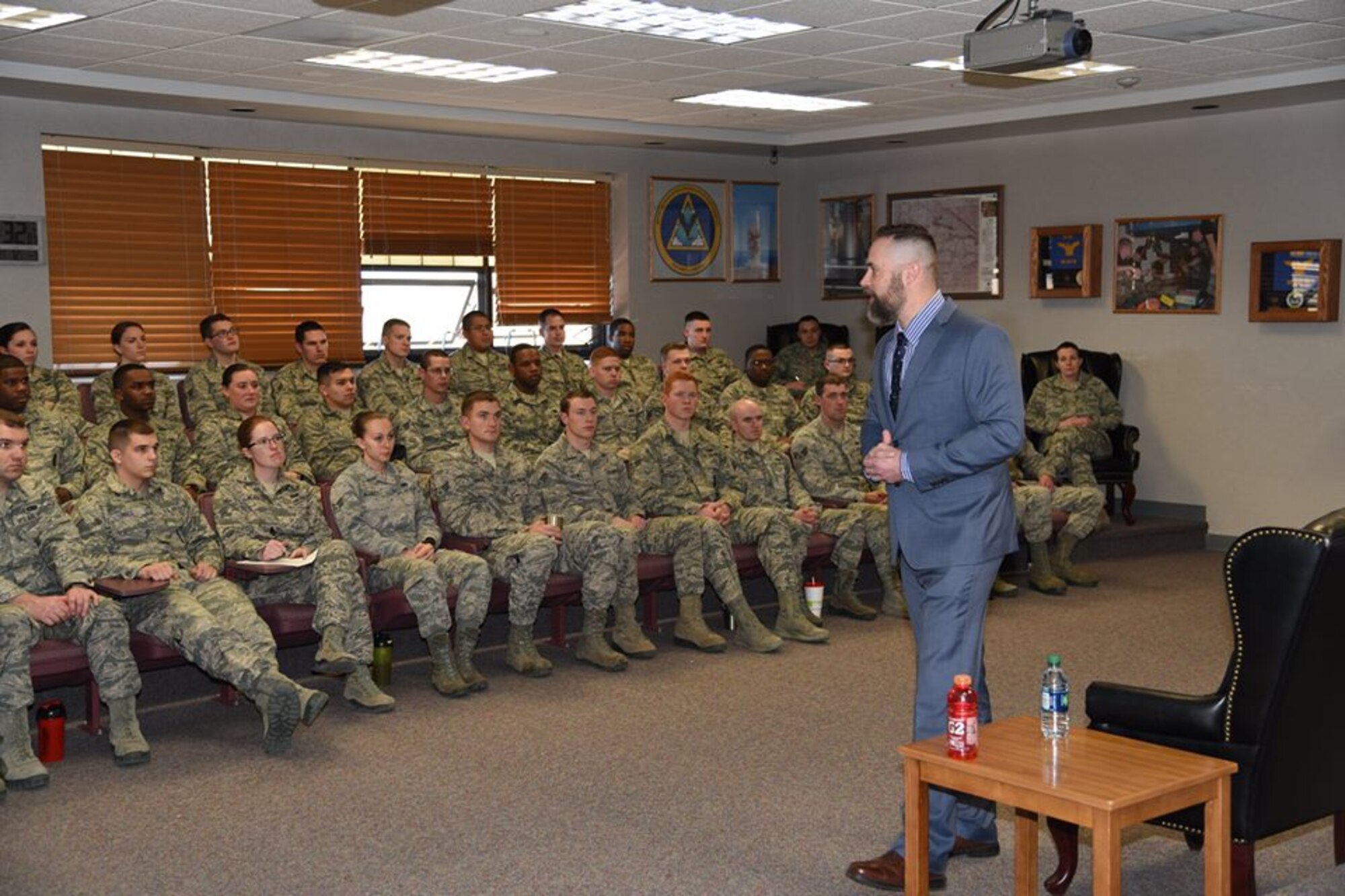 Retired Explosive Ordnance Disposal technician, Senior Master Sgt. Paul Horton, addresses Airman Leadership School students at F.E. Warren Air Force Base. Wyo., Feb. 17, 2017. Horton discussed his experiences while deployed and the importance of finding and living your purpose. He was invited to be the guest speaker at the 90th Missile Wing Annual Awards ceremony on Feb. 18, 2017. (U.S. Air Force photo by Glenn Robertson)