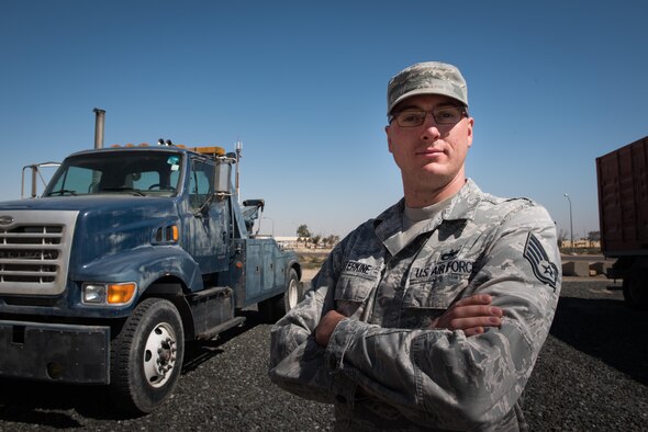 Staff Sgt. William Enterkine, 407th Expeditionary Logistics Readiness Squadron vehicle operator, poses for a photo at the 407th Air Expeditionary Group, Feb. 20, 2017. Enterkine was named the 332nd Air Expeditionary Wing’s outstanding performer for the week of Feb. 19, 2017. (U.S. Air Force photo/Master Sgt. Benjamin Wilson)(Released)