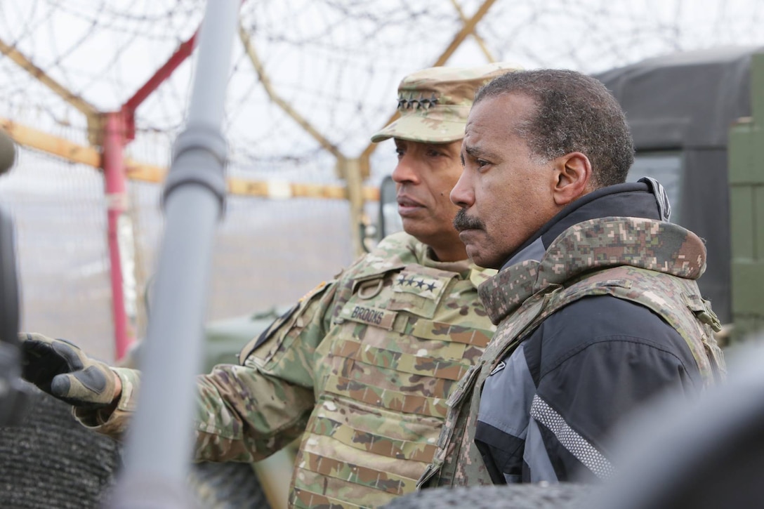 Gen. Vincent Brooks, United Nations Commander, Combined Forces Commander, and United States Forces Korea commander, conducts an interview with 60 Minutes along the Korean Demilitarized Zone, Feb. 8.