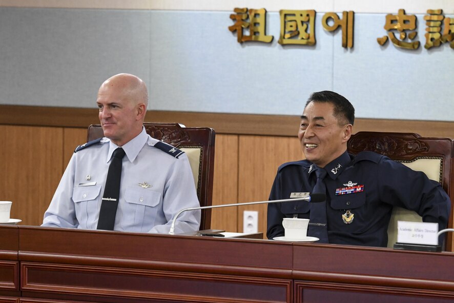 U.S. Air Force Col. Andrew Hansen, 51st Fighter Wing commander, and Republic of Korea air force Maj. Gen. Choi, Geun Young, President of ROK Joint Forces Military University, listen to a briefing at the JFMU, Feb. 23, 2017. Hansen was invited to the JFMU to provide perspective to students, primarily in the pay grades of O-3 and O-4, and faculty about the importance of “jointness,” or inter-service working relationships, in the military. (U.S. Air Force photo by Staff Sgt. Victor J. Caputo)