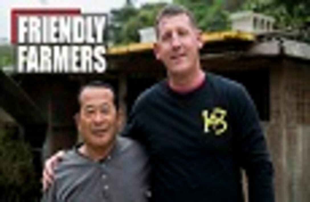 Gunnery Sgt. Todd Groves and Bokusei Kinjo at Kinjo’s farm, near Camp Hansen, Okinawa, Japan, Feb. 23, 2017. Groves is a maintenance chief with Small Craft Repair Platoon, Expeditionary Operations Training Group, III Marine Expeditionary Force, and Kinjo is a local Japanese farmer. Groves, from Fulton, Missouri, was a pig farmer growing up and has now found a place he can call home on Kinjo’s farm. He has helped to take care of the land and the animals on Kinjo’s farm for the last two years.