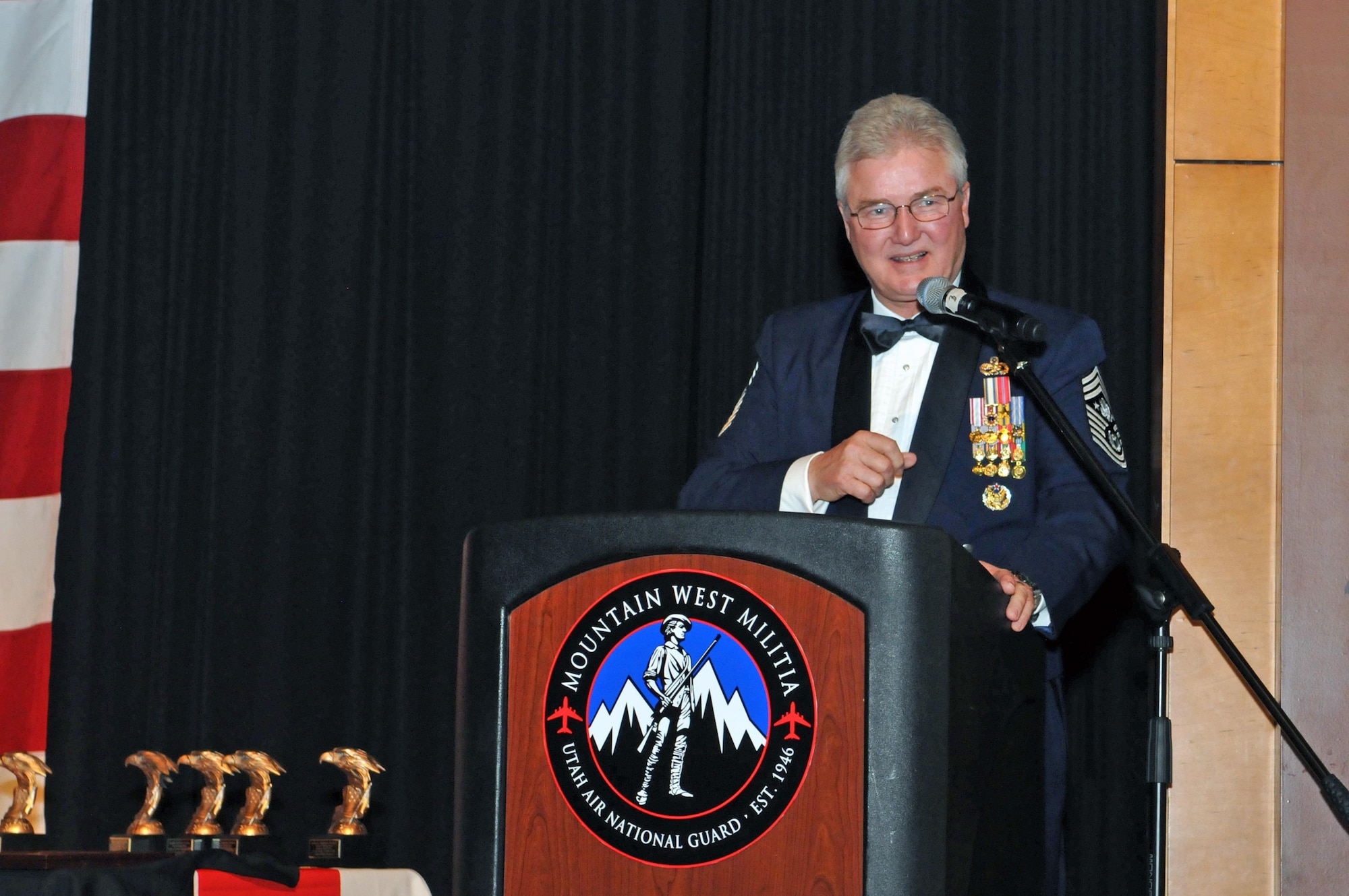 Retired Chief Master Sergeant of the Air Force Gerald R. Murray addresses an audience of nearly 230 military and civilian personnel at the 2016 Airman of the Year awards banquet held at the Utah Cultural Center in West Valley, Utah on Jan. 21, 2017. (U.S. Air National Guard photo by Tech. Sgt. Annie Edwards)