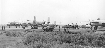 B-25 aircraft from the 81st Bombardment Squadron prepare to take off on a bombing mission over enemy installations. (Courtesy Photo)
