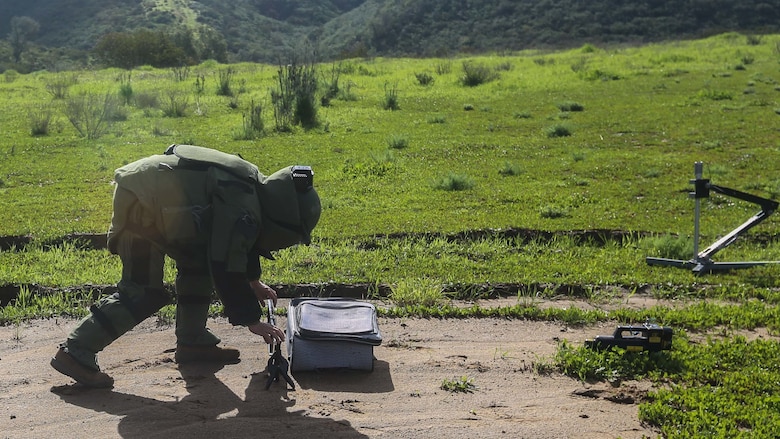 A Marine with Explosive Ordnance Disposal detachment, Combat Logistic Battalion 15 attached to the 15th Marine Expeditionary Unit prepares to use X-Ray equipment to gain better situational awareness of a suspected improvised explosive device as he conducts IED training aboard Camp Pendleton, Feb. 22, 2017. The EOD Technicians, like all other forces of the 15th MEU, undergo critical training prior to deploying to ensure they can operate in any hostile mission area.
